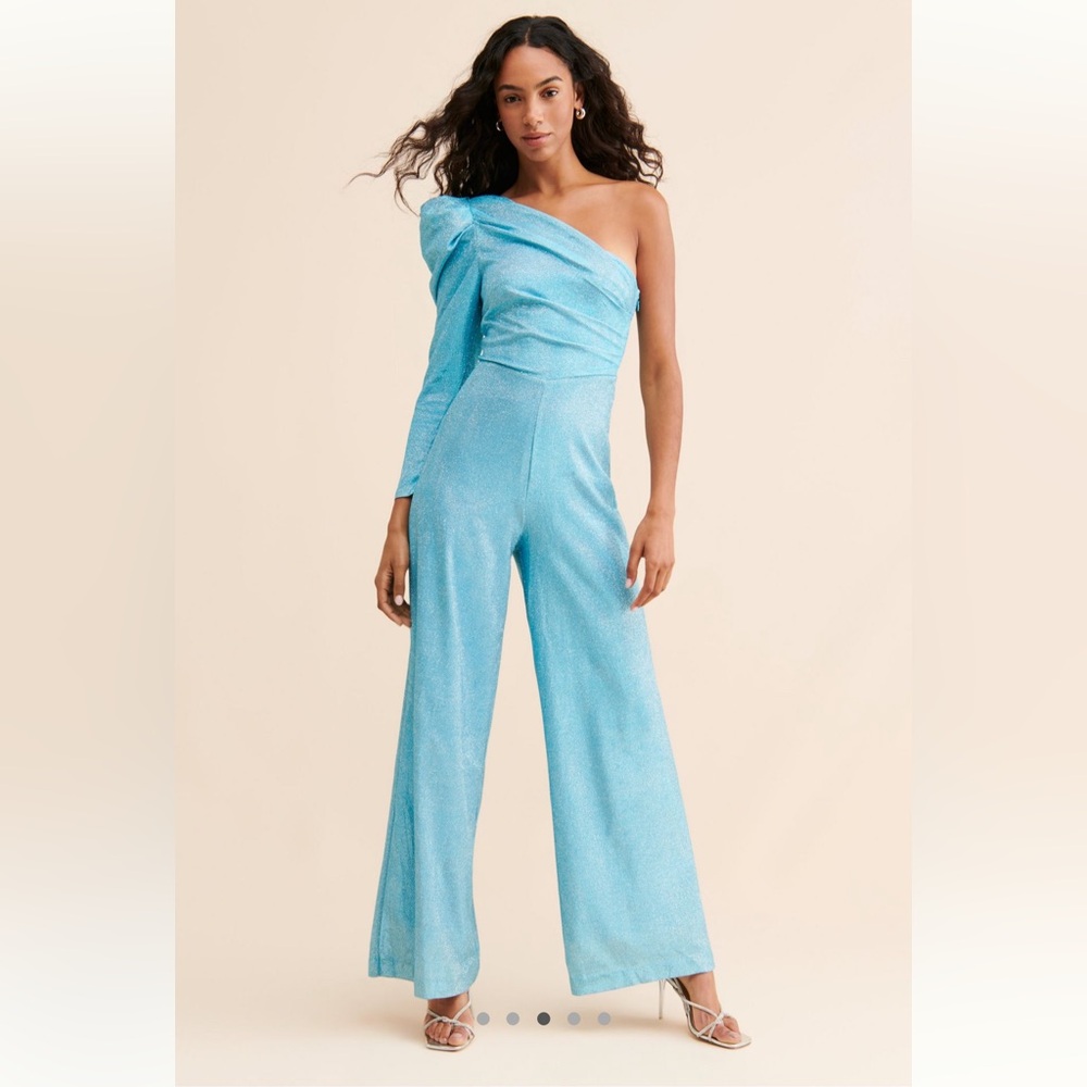 Audette Ebony One-Shoulder Jumpsuit xs glitter blue‎ Anthropologie